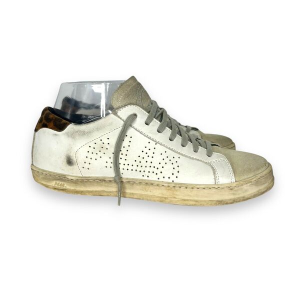 P448 John Sneakers White Leather Leopard Lace Up Sz 37 Womens 7 US Distressed - Picture 5 of 7